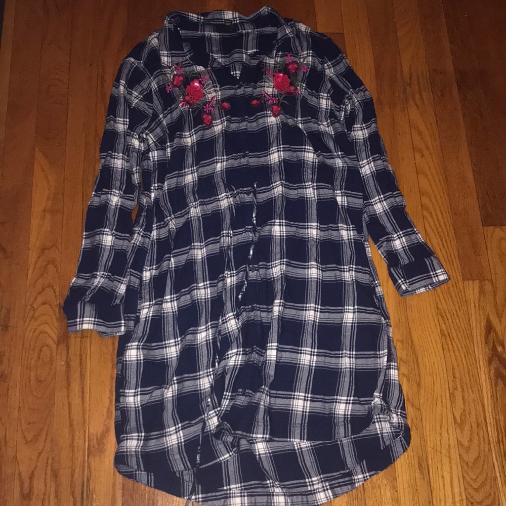 A.N.A. Blue plaid floral long sleeve flannel dress